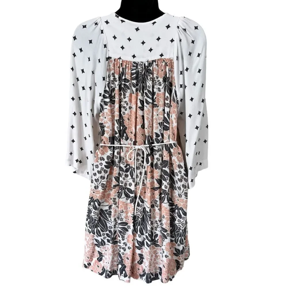 FREE PEOPLE Tallula White Print Kimono Sleeve Mini Dress Medium Neutral